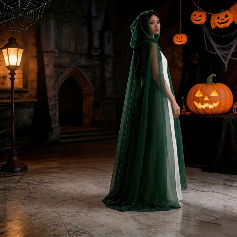 Halloween Ghost Cosplay Outfit Long Mesh Hooded Cloak Grim Reaper Witch Costume For Stage Performance Party Show