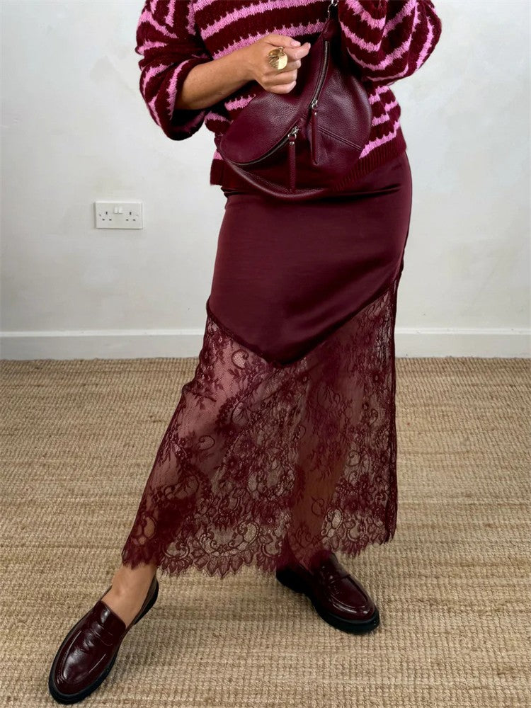 Trendix Women Patchwork Lace Skirts 2025 New High Waist Slim Hollow Out Maxi Skirts Autumn Brown Fashion Party Club Boho Skirt