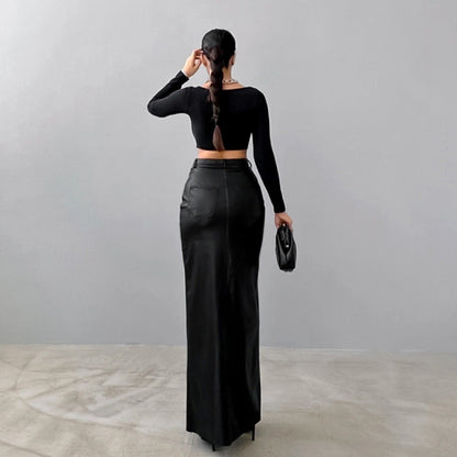 Women's Split Design Solid Color High Waist Pu Leather Skirt 2025 Spring Fall Office Lady Trendy Streetwear Long Skirts