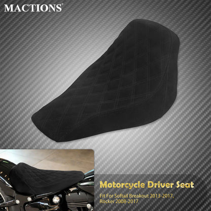 Assento Solo Dianteiro de Couro com Perfil Baixo e Costura em Diamante para Motocicleta Harley Softail Breakout FXBR Rocker FXCW 2008-2017