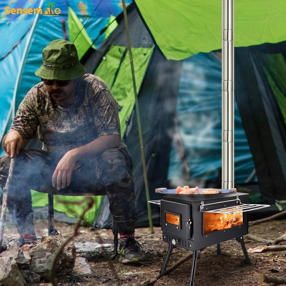 Fogão a Lenha Dobrável para Acampamento, Aquecedor de Tenda Portátil com Chaminé Destacável de 5 Seções, Queimador de Lenha para Pesca no Gelo, Para Cozinhar e Churrasco ao Ar Livre