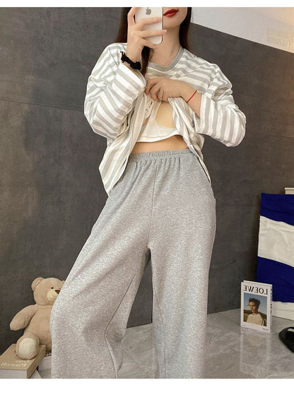 Women's Fall Pajamas with Chest Pads Striped Long Sleeve Plus Size O-Neck Simple Casual Fashion Korean School Pajamas Homewear