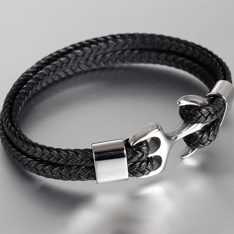 Pulseiras de Âncora Punk de Aço Inoxidável Pulseira de Couro Genuíno e Braceletes Masculinos Joias Pretas Presente de Moda