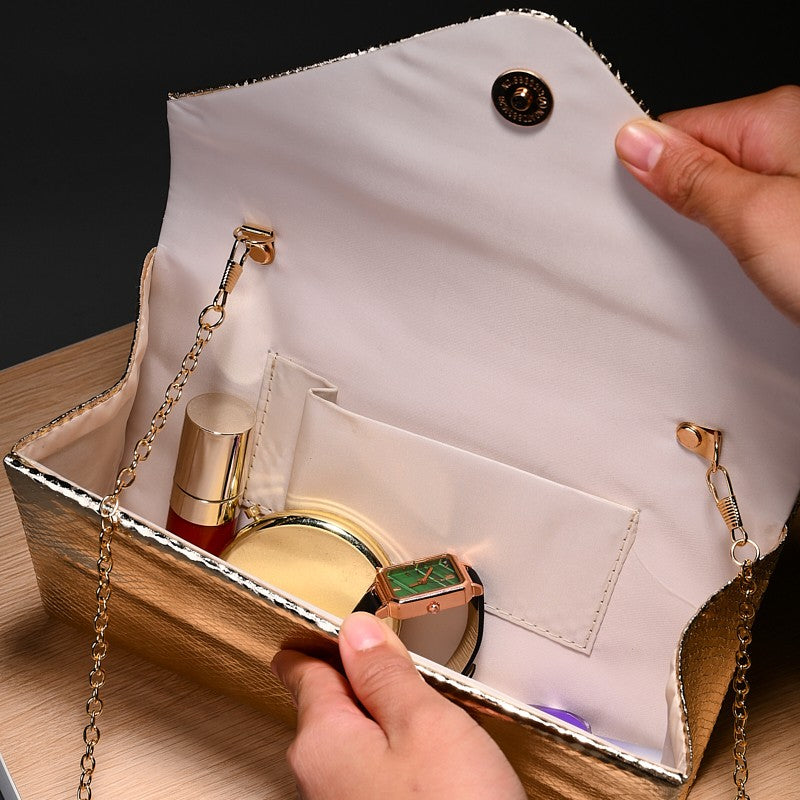 Gold Style Elegant Evening Bag with Detachable Metal Chain Clamshell One-Shoulder Ladyship Party Storage Bag for Women