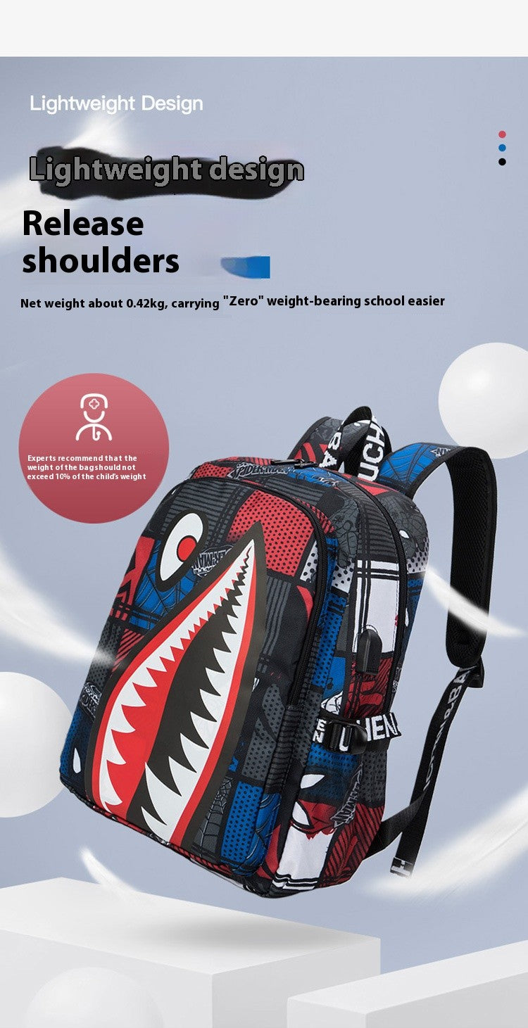 Mochila Escolar para Meninos com Estampa de Tubarão para Crianças, Mochilas de Viagem