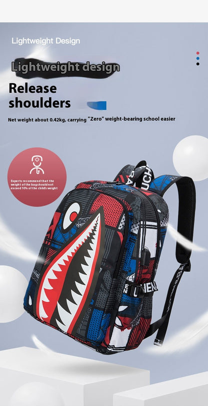 Mochila Escolar para Meninos com Estampa de Tubarão para Crianças, Mochilas de Viagem