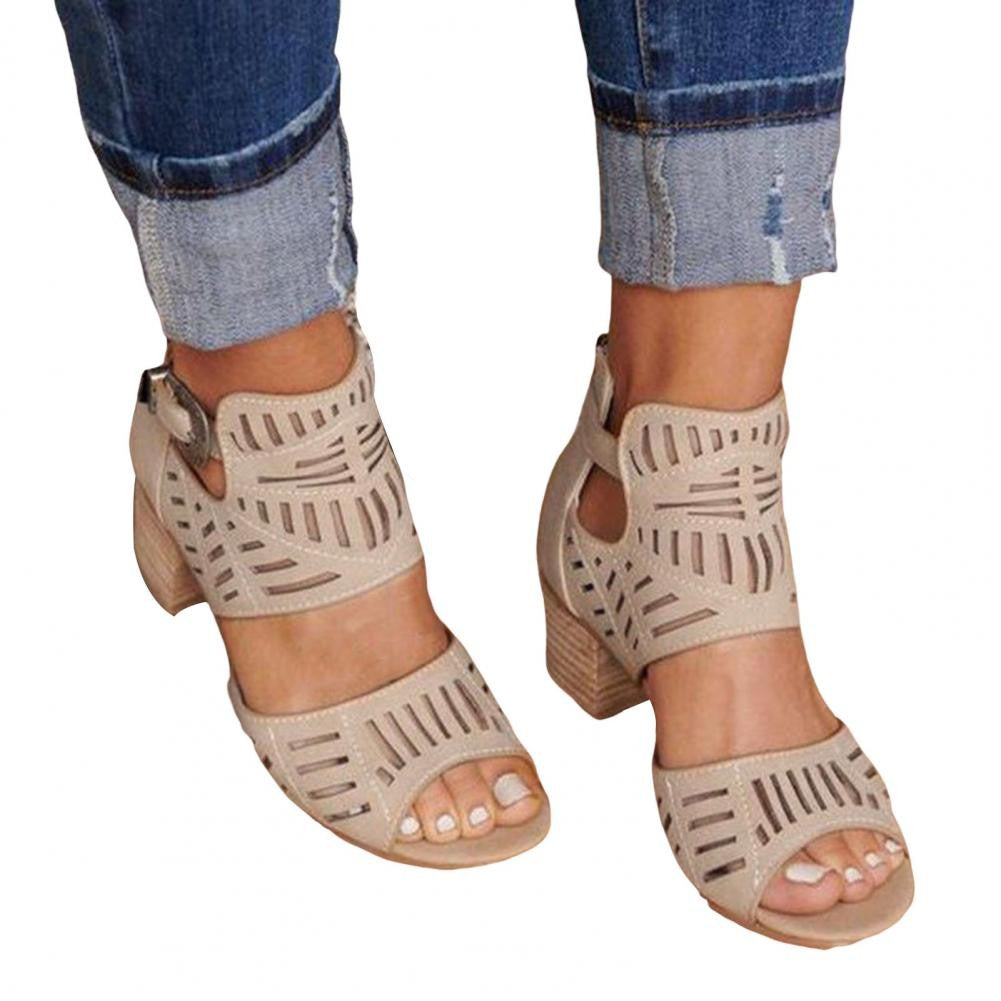 Women's Casual Boho Sandals Low Block Heel Summer Vacation Shoes Ladies Sandals with Buckles Chic Heeled Sandals for Ladies