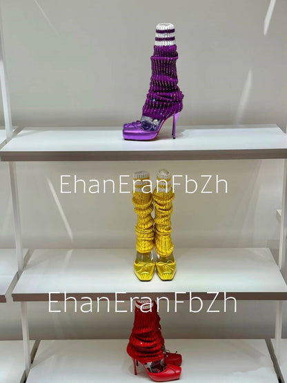 2025 Spring/Summer New Ballet High Heels Fashion Stretch Stockings Hot Diamond Women's 34-46 Large High Heels Sandals