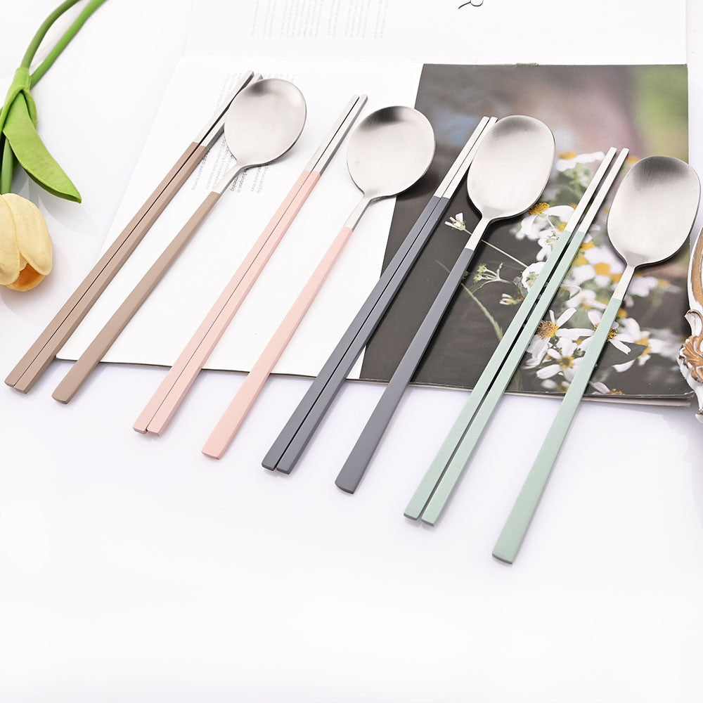2Pcs Sushi Chopsticks Spoon Flatware Set Korean Colorful Silver Matte Tableware Stainless Steel Cutlery Set Spoon Dinnerware Set