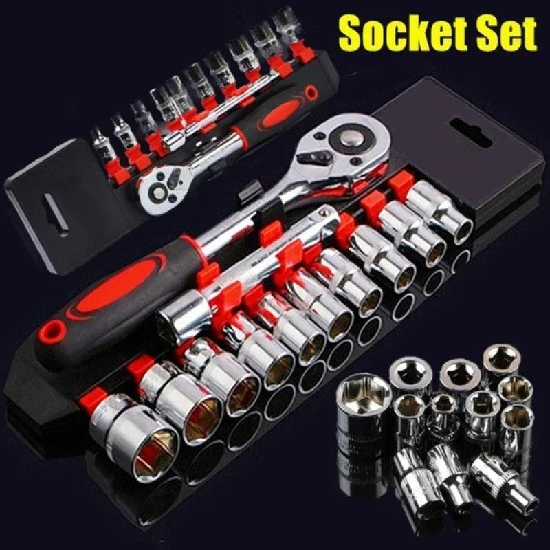 Jogo de Soquetes com Catraca de 1/4" Jogo de Soquetes de Haste de Extensão Chave Catraca Multifuncional Ferramenta Manual para Reparo de Carros e Motocicletas