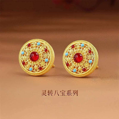 Elegant Enamel Craft Enamel Eight Treasures Compass Stud Earrings For Women 24K Gold AU999, Delicate glaze with ancient charm