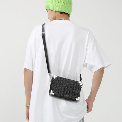 Couple's Sling Bag Straw Weaving with Corner Metal Decoration Boxy Shape Doctor Bag for Date Back to School Party Shoulder Bag