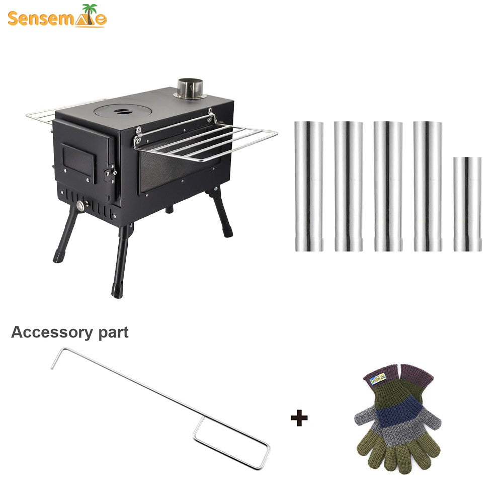Fogão a Lenha Dobrável para Acampamento, Aquecedor de Tenda Portátil com Chaminé Destacável de 5 Seções, Queimador de Lenha para Pesca no Gelo, Para Cozinhar e Churrasco ao Ar Livre