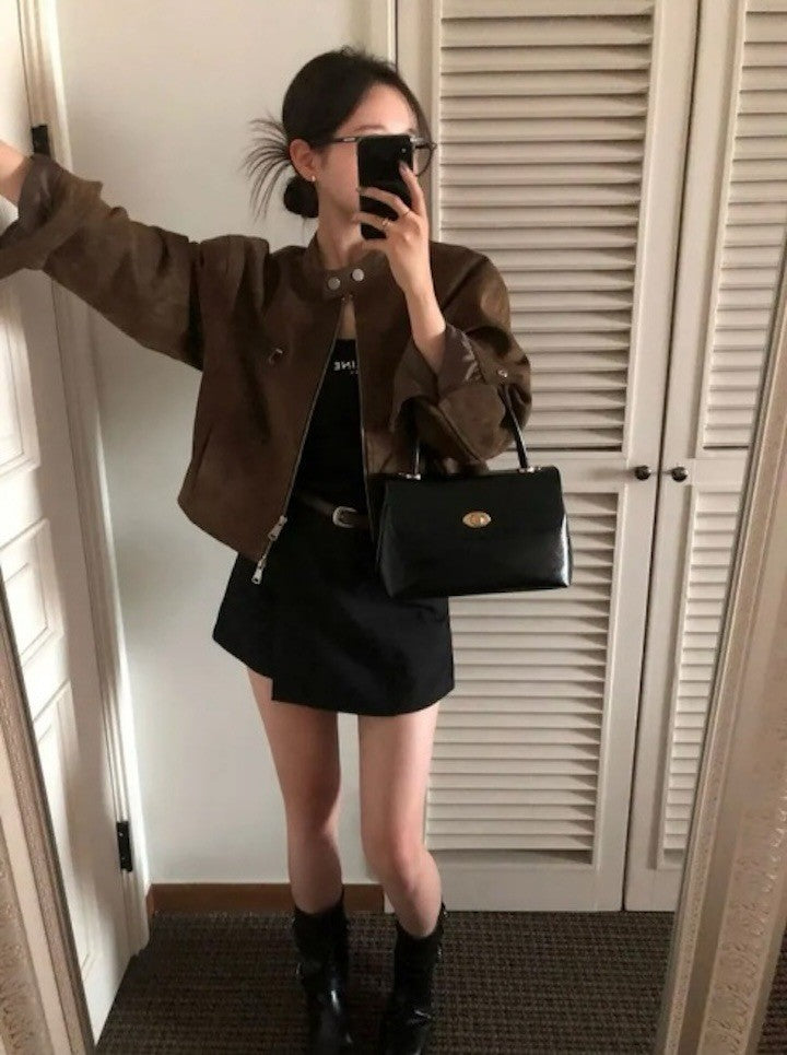 Retro American Coffee Brown Copper Zipper Button Short Jacket 2025 Autumn Trendy PU Leather Jacket Versatile for Dynamic Women