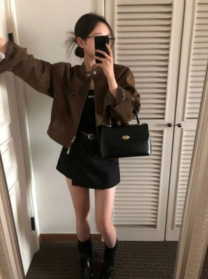 Retro American Coffee Brown Copper Zipper Button Short Jacket 2025 Autumn Trendy PU Leather Jacket Versatile for Dynamic Women