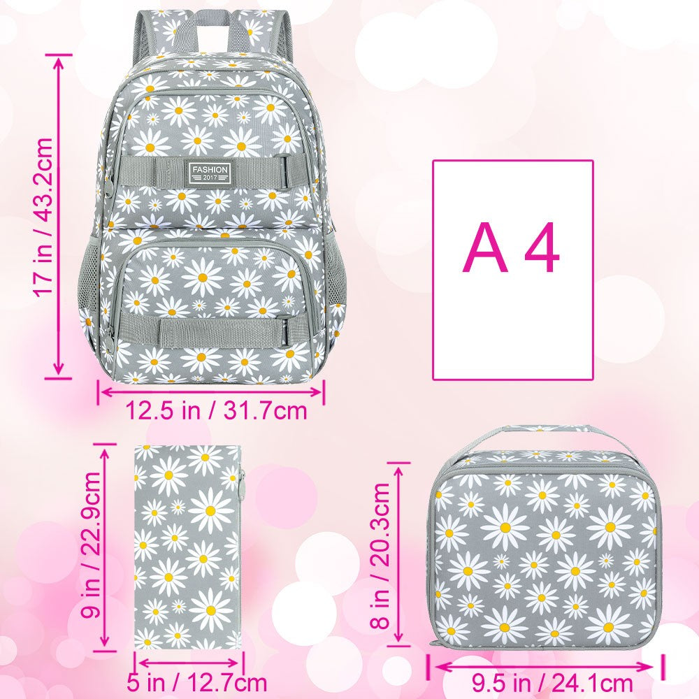 3PCS Daisy Girls Backpack, 17 Inch Laptop School Bookbag Teen College Water Resistant Kids Backpacks with Lunch Box Set - Grey