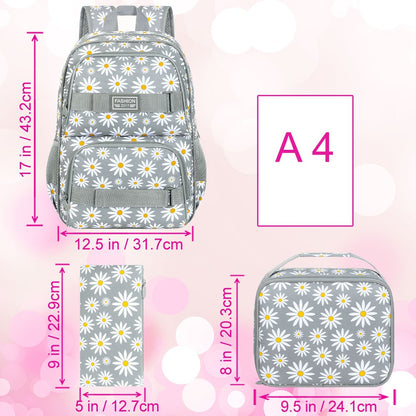3PCS Daisy Girls Backpack, 17 Inch Laptop School Bookbag Teen College Water Resistant Kids Backpacks with Lunch Box Set - Grey