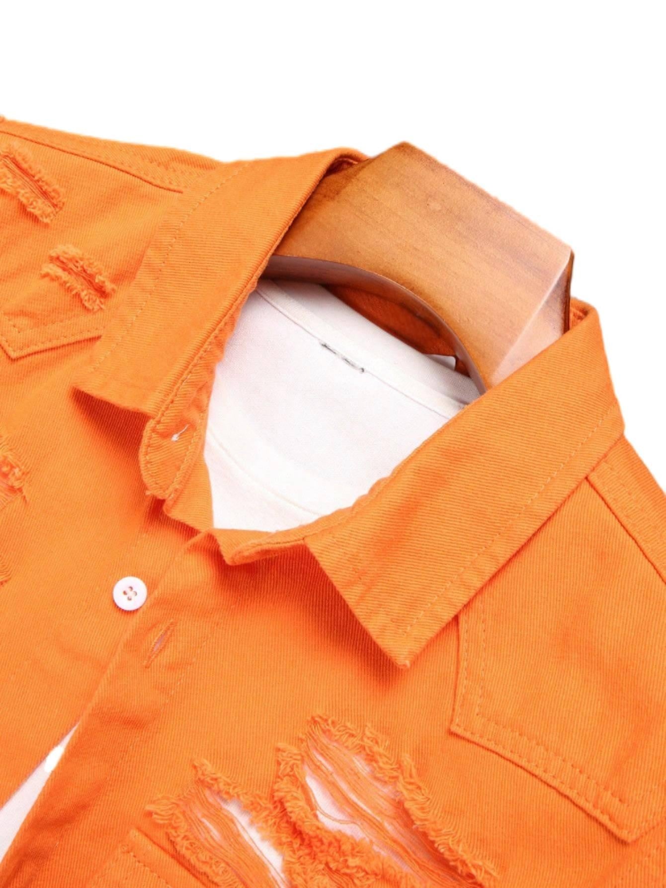 Men's summer orange short - sleeved denim shirt with holes. In a stylish and casual style.
