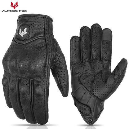 Luvas de Couro Perfurado Retrô de Verão para Motocicleta Masculino Feminino Luvas de Dedo Completo para Motocross Motoqueiro Guantes Moto Equipamento M-XXL