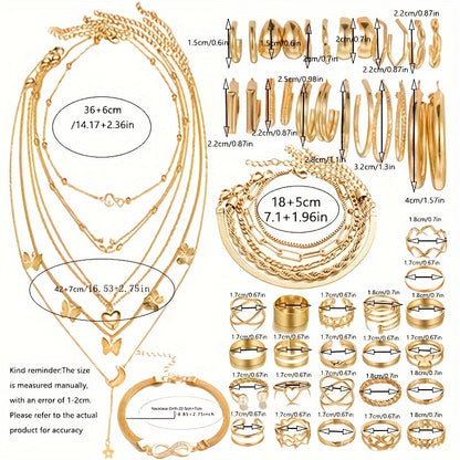 58PCS Set Maximum Mix Gold Plated Metal Jewelry Set Necklace Hoop Earrings Rings Bracelets for Women Accessories No Box Included