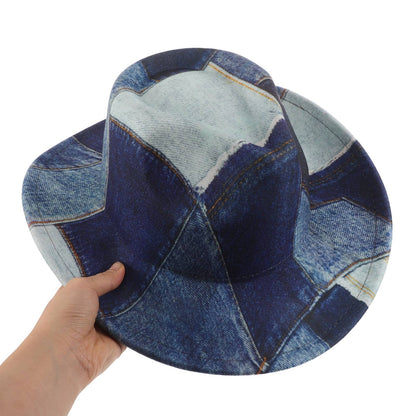 Western Cowboy Hat 56-58cm Polyester Patchwork Vintage Denim Print Wide Brim Flat Top Costume Cosplay Party Western Cowgirl Hat