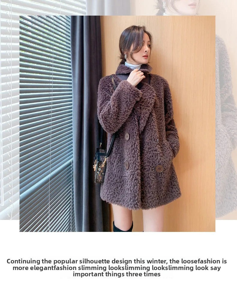 Thickened Lamb Velvet Jacket Women's Mid-Length Loose Slimming Fur Particle Velvet Coat Polyester Fiber Full Sleeve Long Coat