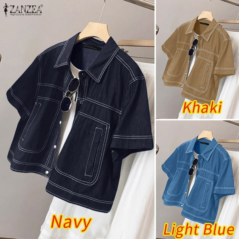ZANZEA Women's Denim-Like Contrast-Stitch Shirts 2025 Fashion Turn-Down Collar Short Sleeve Button Up Shirt Streetwear Woman Top