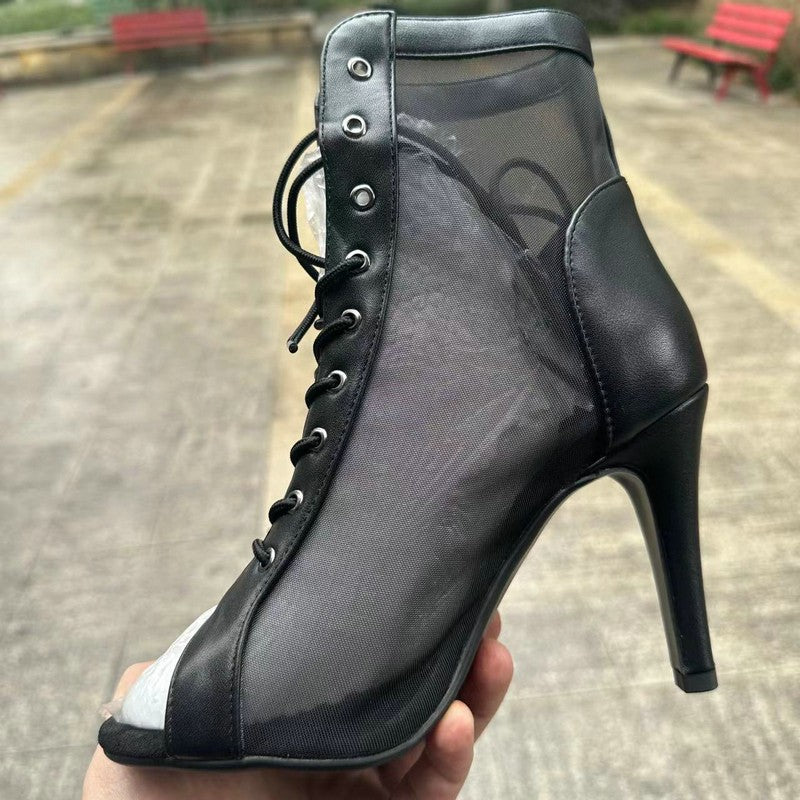 Novas Sandálias Femininas de Salto Alto Sexy Vazadas em Tela Tendência da Moda Verão Conforto Peep Toe Botas Stilettos Jazz Dance Tamanhos Grandes