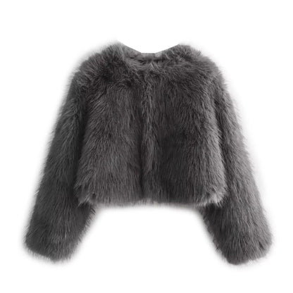 Faux fur jacket Traf   Fall/Winter New Fashion Women's Faux Fur Effect Round Neck Long Sleeve Short Jacket 2025
