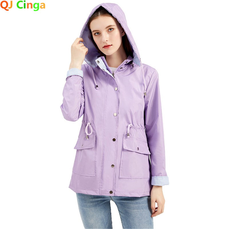 Purple Hooded Jacket for Spring 2025 Women's Office Fashion Women Outerwear Hat with Removable Waist Drawstring Water Proof