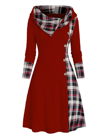 Knitted hooded dress plaid print stitching fake buckle high waist long sleeve A-line dress female