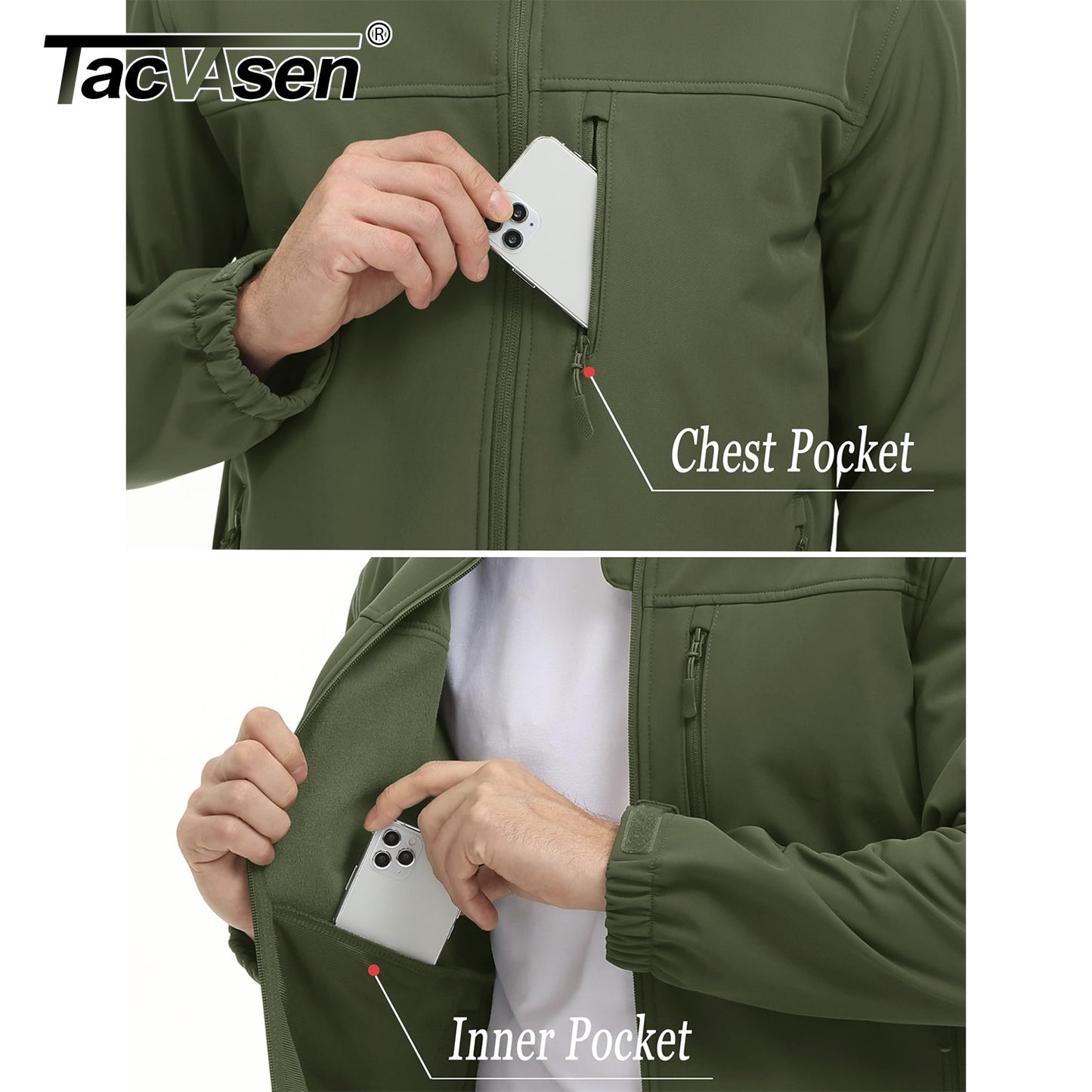 TACVASEN Waterproof Softshell Jackets Mens Winter Fleece Lined Work Jackets Zipper Pocket Outdoor Jacket Male Windbreaker