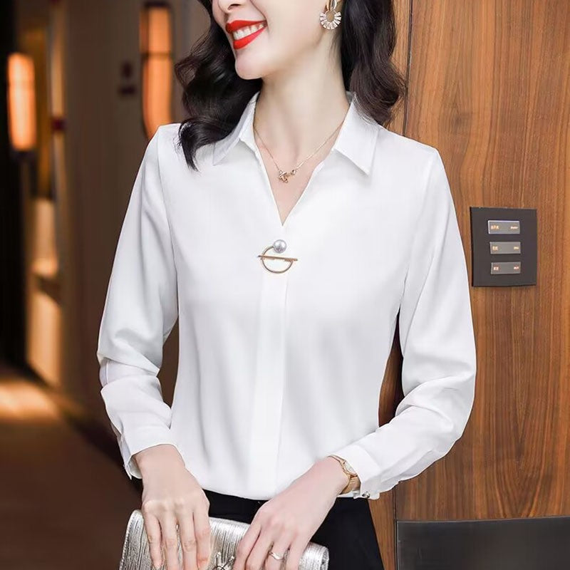 Elegant Women Chiffon Blouse 2025 New Temperament Turndown Collar Office Lady Shirt Streetwear Casual Solid Color Tops Clothing