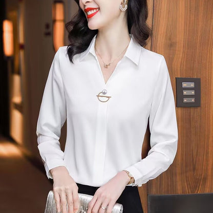 Elegant Women Chiffon Blouse 2025 New Temperament Turndown Collar Office Lady Shirt Streetwear Casual Solid Color Tops Clothing