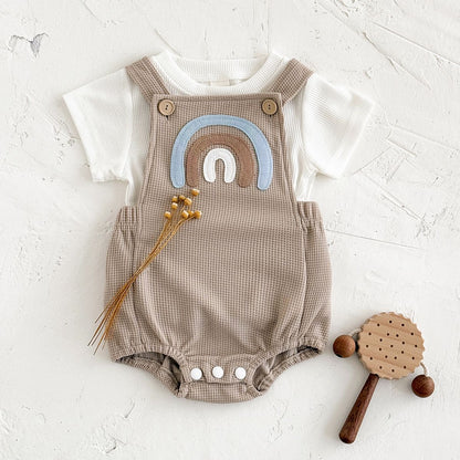 Newborn Baby Boys Clothing Summer Girls Set Waffle Rainbow Patch Overalls Romper Jumpsuit+Short Sleeved Shirt Clothes 2Pcs/Set