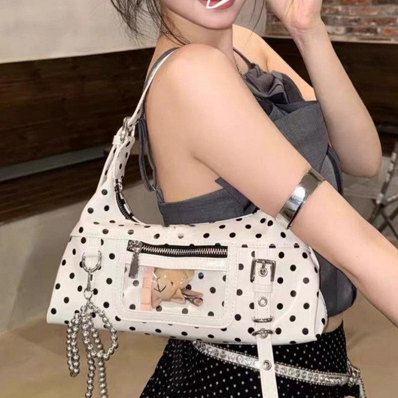 Retro oil wax leather crossbody bag, contrasting polka dot mini armpit bag, girls' shoulder bag