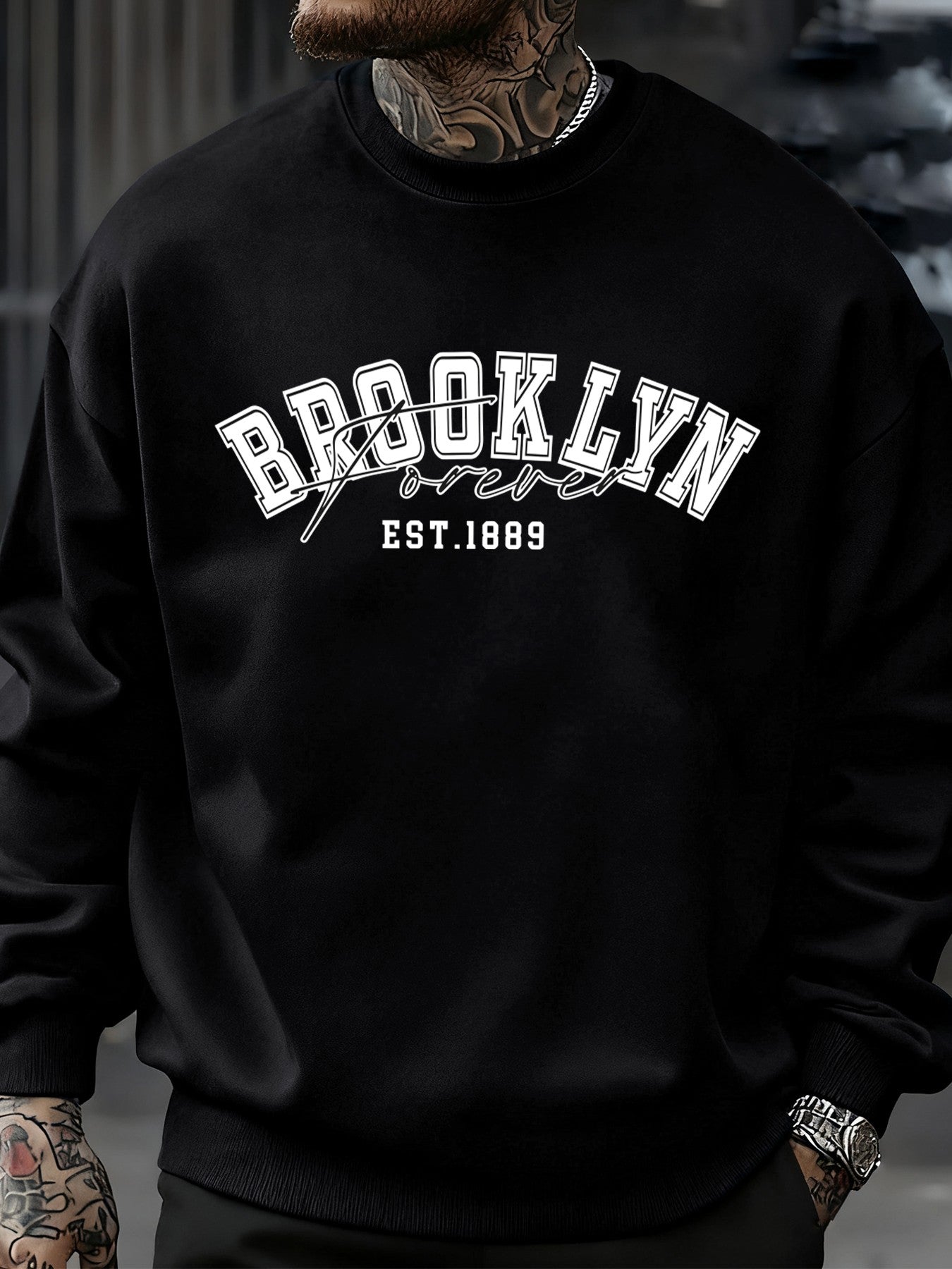 Brooklyn Forever Letter Design Men Sweatshirt Fleece Soft Clothes Trendy Loose All-Match Streetwear Crewneck Fashions Pullover