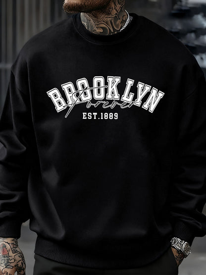 Brooklyn Forever Letter Design Men Sweatshirt Fleece Soft Clothes Trendy Loose All-Match Streetwear Crewneck Fashions Pullover