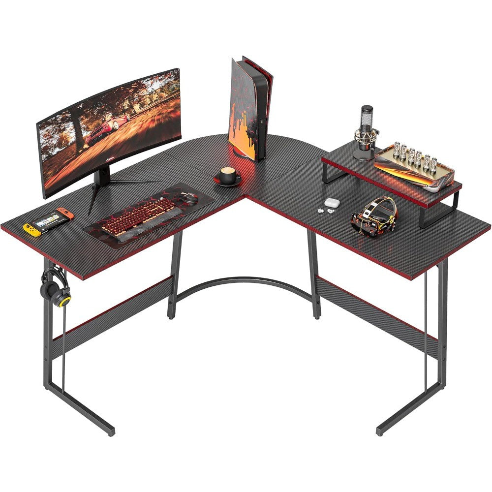Large Corner Gaming Desk with Carbon Fiber Surface and Monitor Stand for Home Office