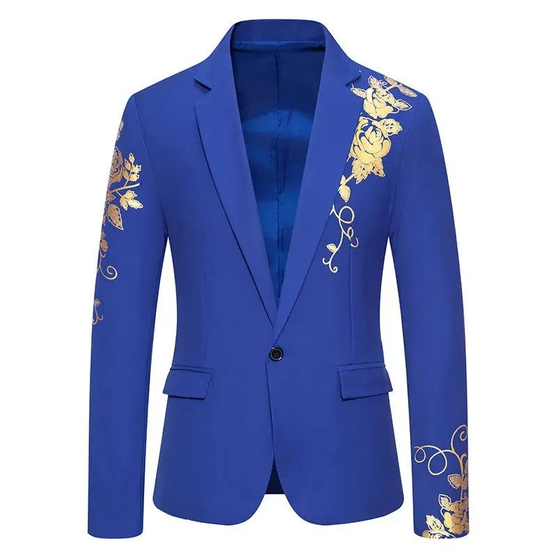 2024 New Men Business Social Suit Loose Jacket Black / White / Royal Blue Fashion Male Wedding Prom Party Rose Printed Blazers