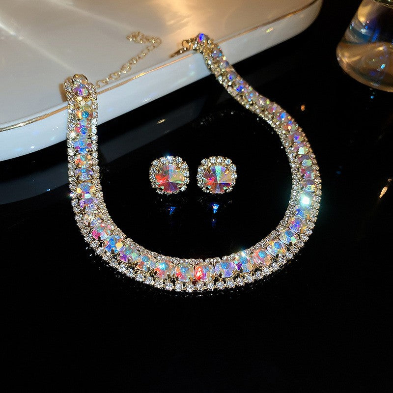 Conjunto de Joias Femininas com Colar de Luxo Verde Strass Brincos de Cristal Gargantilha Colares para Casamentos e Banquetes