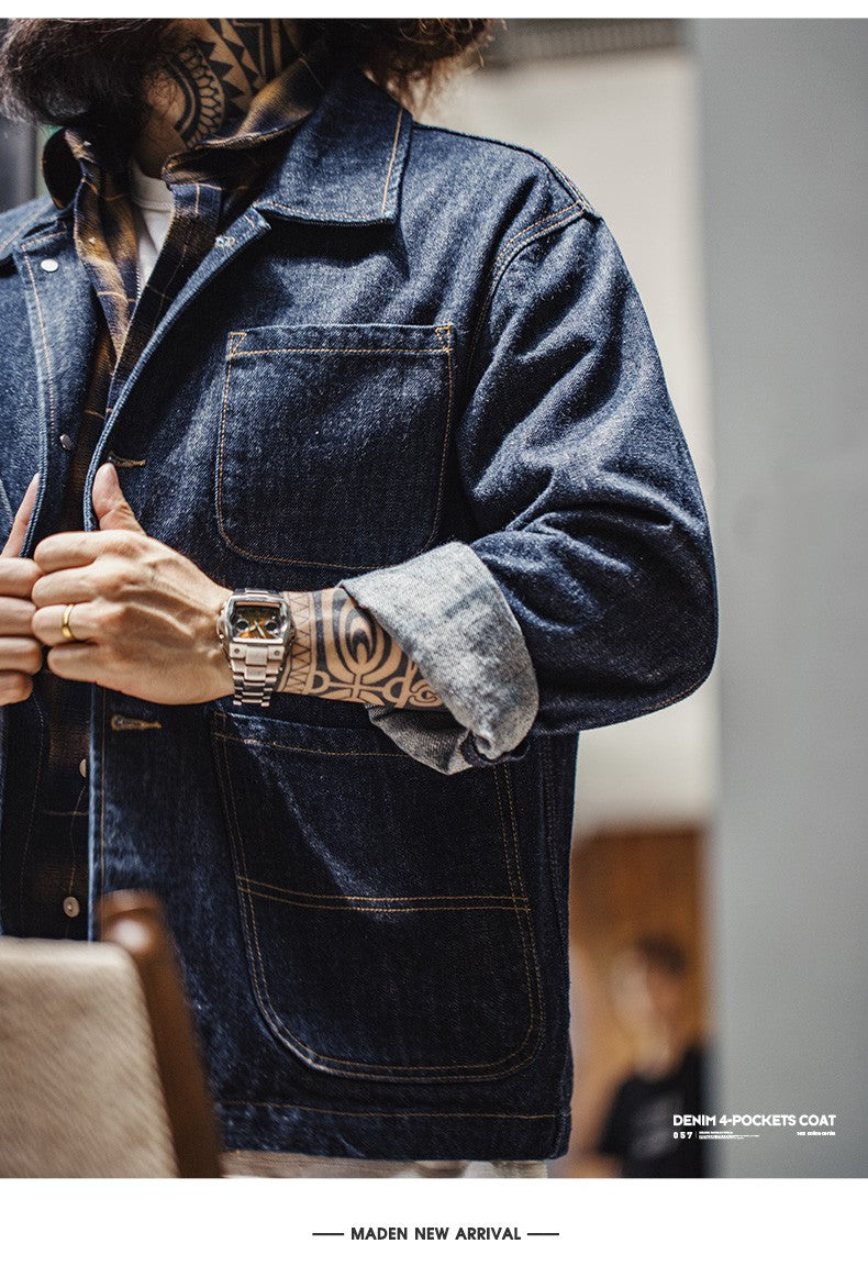 Maden Vintage Asymmetrical Four-pocket Design Denim Coat for Men 14OZ Single-breasted Turn-down Collar Jacket Autumn Work Coat