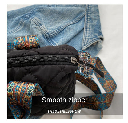 Women Wide Shoulder Belt Handbag Fall/Winter Rhombus Space Cotton Shoulder Bag Large Capacity All-Match Shopping Tote Bag