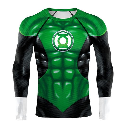 Superheroes Cosplay Costume Men Green Compression Shirts Lantern Printing Long Sleeves Tops Gym Sports Shirt Male Clothes