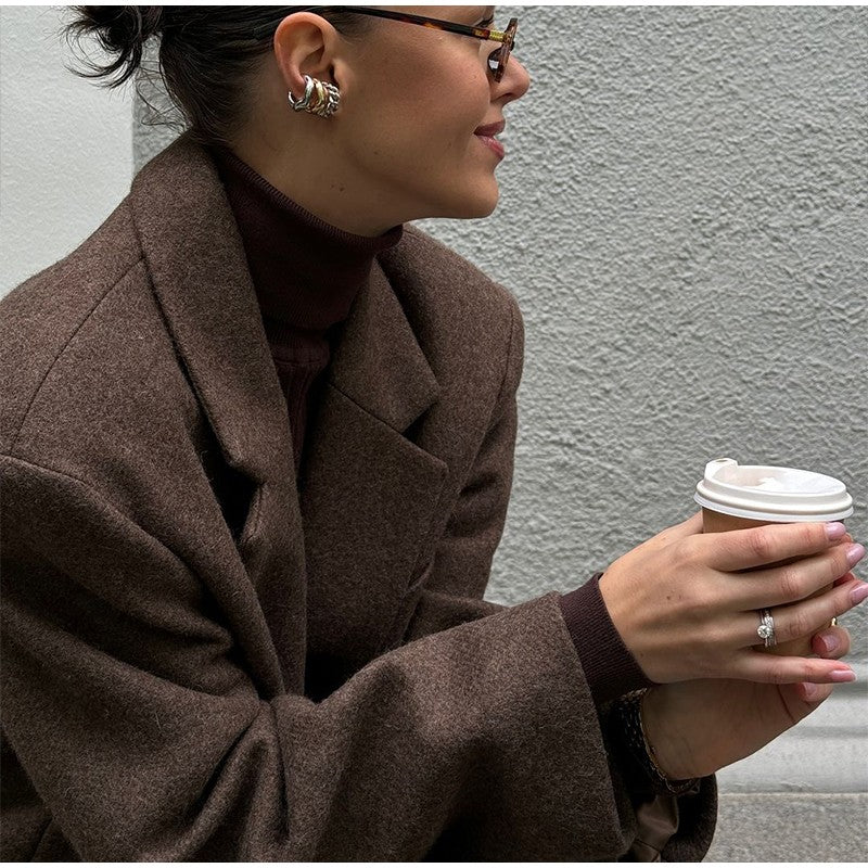 Women Shoulder Pad Wool Long Coats Fashion Lapel Single-breasted Long Sleeve Coat Chic 2025 Autumn Lady Commute Street Outerwear