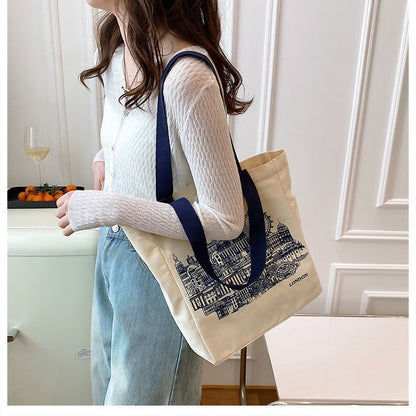 Canvas Women Handbags Shoulder Underarm Bag London Books Print Handbag Large Capacity Ladies Shopping Tote Bag Student Book Bags