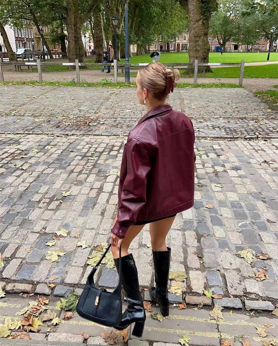 Jaqueta Feminina de Couro Sintético Vermelho Vinho Vintage, Casaco Moderno com Zíper e Lapela, Casacos de Outono Inverno, Blusas Curtas Femininas Estilo Streetwear
