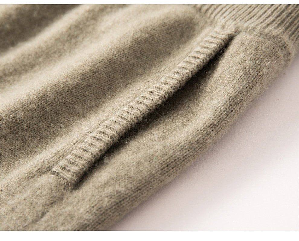 Autumn Winter New 100% Pure Cashmere Women Half Open Front Hoodie Set Knitted Two Piece Pullover Knitwear Wide Leg Pants