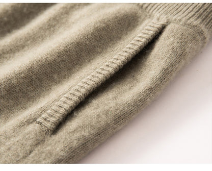 Autumn Winter New 100% Pure Cashmere Women Half Open Front Hoodie Set Knitted Two Piece Pullover Knitwear Wide Leg Pants