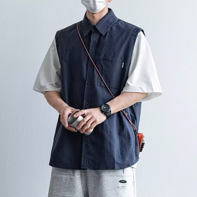 Summer Retro Fake Two-Piece Shirts For Men Casual Patchwork Short Sleeve Cargo Shirt 2025 New Pocket Y2K Streetwear Tee Tops